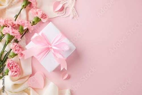 Mother's day elegance: white gift box with pink ribbon among carnations on a pastel background © Goncharuk film