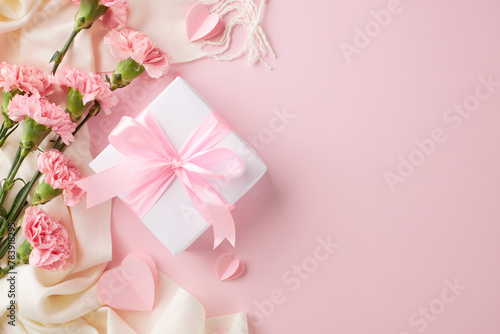 Fotografie Mother's day elegance: white gift box with pink ribbon among carnations on a pas