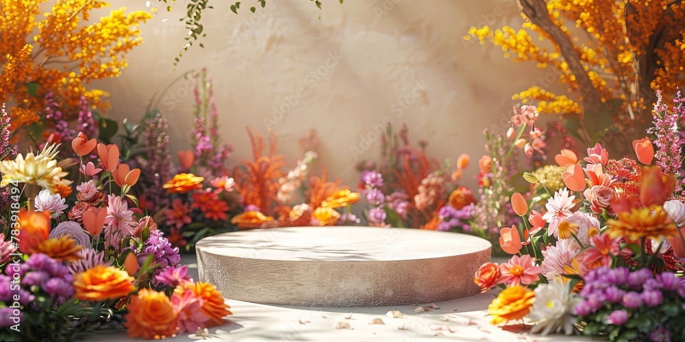 Circular Luxury Podium in Vibrant Floral Market, Surrounded by Seasonal Blooms, Daylight