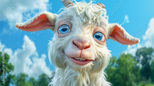  A goat's face, tightly framed, against a backdrop of azure sky and fluffy clouds Trees dot the foreground