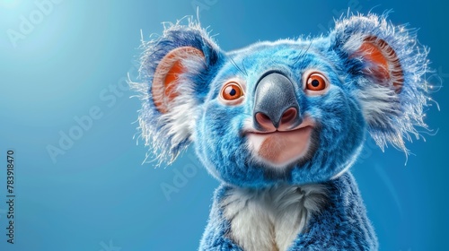 A detailed shot of a plush koala with large, expressive eyes and an astonished expression, set against a backdrop of a tranquil blue landscape