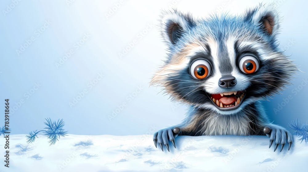 A tight shot of a raccoon against a backdrop of blue and white snowflakes on a snowy surface A tight shot of a raccoon against a backdrop of blue and white snowflakes on a snowy surface