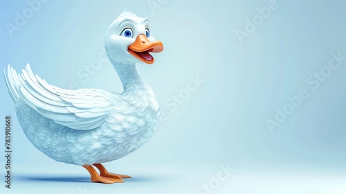  A white duck with a red beak before an orange beak against a blue backdrop