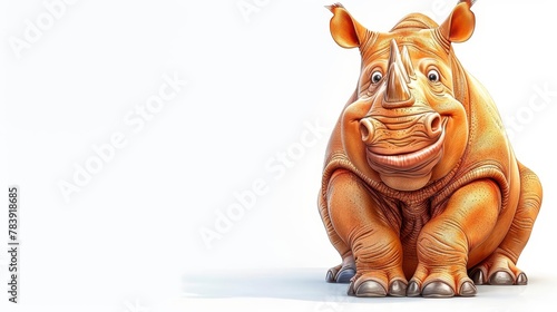  A rhinoceros sculpture, seated on its haunches, with wide-open eyes and smiling face