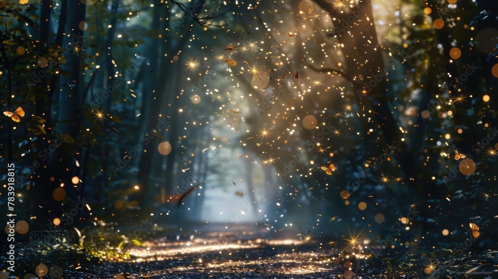 Magical scene in a forest with sparkling fairy dust, inspiring wonder and the enchantment of nature