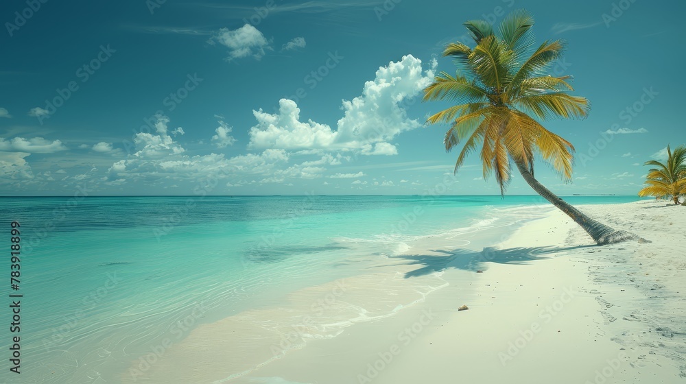   Palm tree atop sandy beach, beside body of water, with clouds in sky