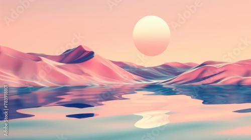 Minimalistic pink and blue hued landscape with undulating terrain and reflective waters, conveying serenity and abstraction