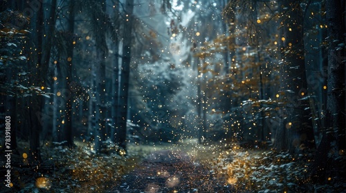 Magical scene in a forest with sparkling fairy dust, inspiring wonder and the enchantment of nature
