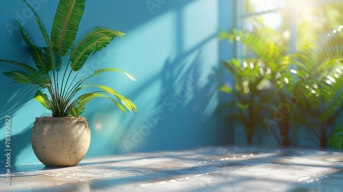  A potted plant sits on a table in a room with a blue wall Sunlight filters in through the window