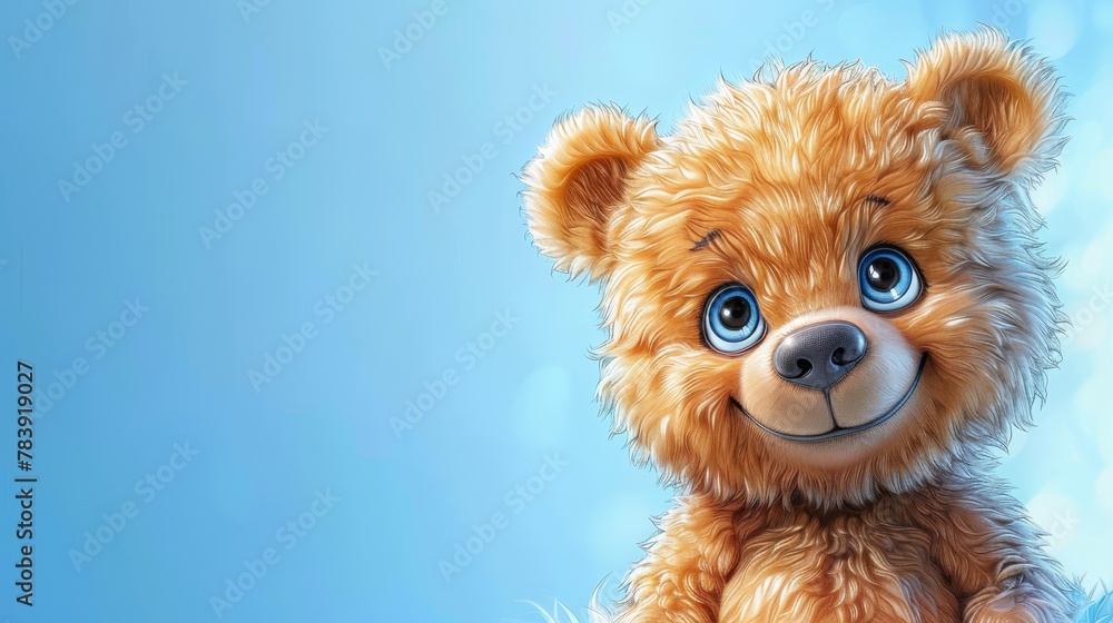 A bear with large, sad blue eyes, in crisp focus against a tranquil blue backdrop A bear with large, sad blue eyes, in crisp focus against a tranquil blue backdrop