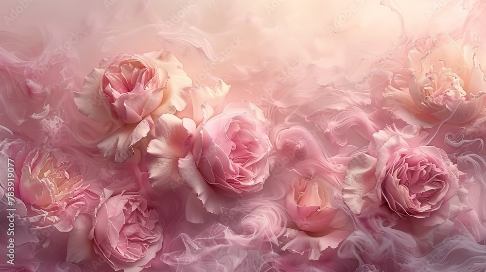 A collection of pink roses against a pink and white backdrop, reminiscent of a painting A collection of pink roses against a pink and white backdrop, reminiscent of a painting