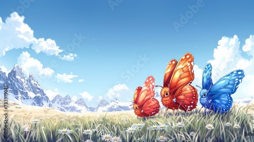   Three butterflies gracefully fly above a field of grass and daisies, with mountains distinguishing the background photo