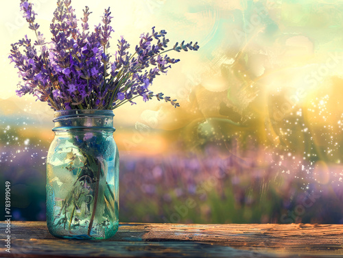 Serenity in Nature: Lavender Bouquet in Glass Jar at Sunset