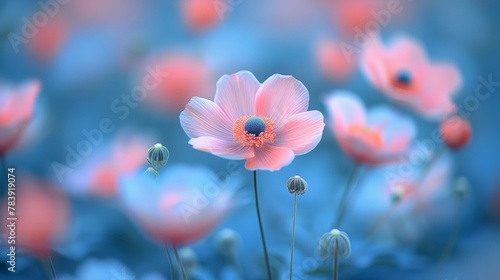   A field filled with blue and pink flowers, with a cluster of pink blooms at its heart © Jevjenijs