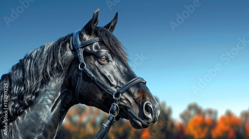   A black horse, adorned with a bridle, stands before a blue sky © Jevjenijs