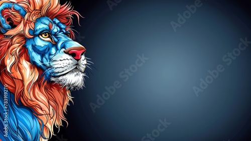   A lion s head against a black backdrop  mane painted blue and red Inscribe text here