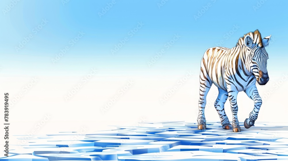 Fototapeta premium Zebra on ice floes amidst snow, blue sky background