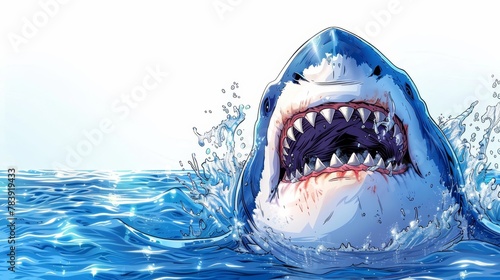   A great white shark drawing in water  mouth agape  teeth exposed