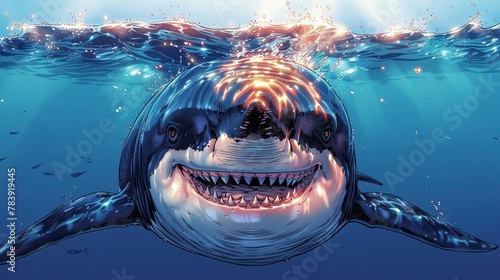   A great white shark drawing in water, mouth agape revealing glowing teeth photo