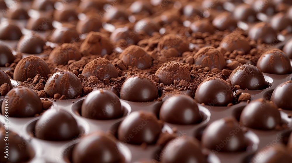A tight shot of a laden chocolate tray, brimming with numerous chocolates A tight shot of a laden chocolate tray, brimming with numerous chocolates