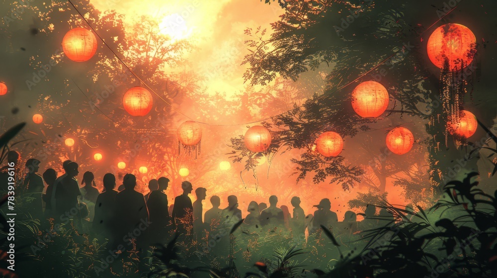   A group of people stands before a forest adorned with numerous red lanterns suspended from its ceiling