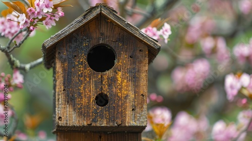  A birdhouse perched atop a tree laden with numerous purple and yellow blossoms Another tree nearby teems with an abundance of pink flowers