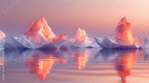   A cluster of icebergs afloat on a lake, abutting one another under midday sun photo