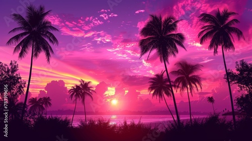  palm trees in foreground, pink and purple sky