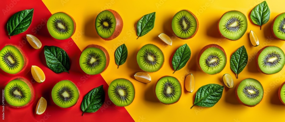 A collection of kiwi fruits, sliced and garnished with leaves, against a backdrop of yellow and red Border in red and yellow A collection of kiwi fruits, sliced and garnished with leaves, against a backdrop of yellow and red Border in red and yellow