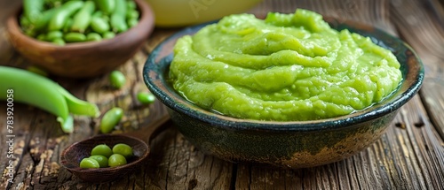  A bowl of guacamole rests on the table, accompanied by a separate bowl of green beans A wooden spoon lies nearby