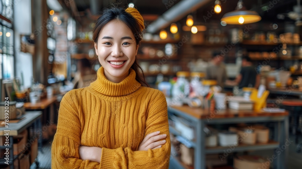 A woman, arms crossed, smiling at the camera in a restaurant setting A woman, arms crossed, smiling at the camera in a restaurant setting