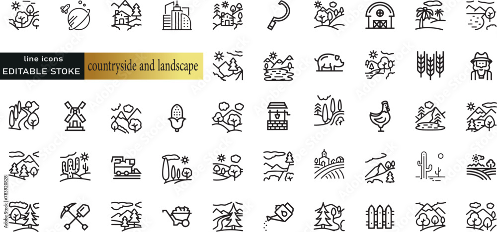 Line icons about countryside and landscape. Thin line icon set. Symbol collection in transparent background. Editable vector stroke