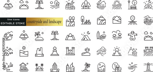 Line icons about countryside and landscape. Thin line icon set. Symbol collection in transparent background. Editable vector stroke
