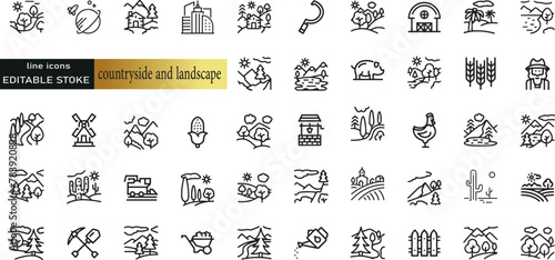 Line icons about countryside and landscape. Thin line icon set. Symbol collection in transparent background. Editable vector stroke