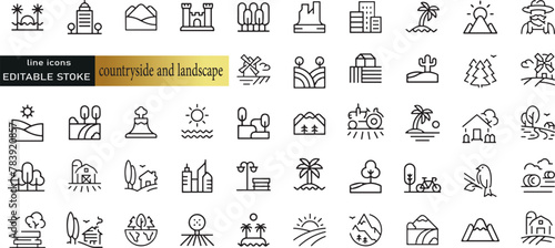 Line icons about countryside and landscape. Thin line icon set. Symbol collection in transparent background. Editable vector stroke
