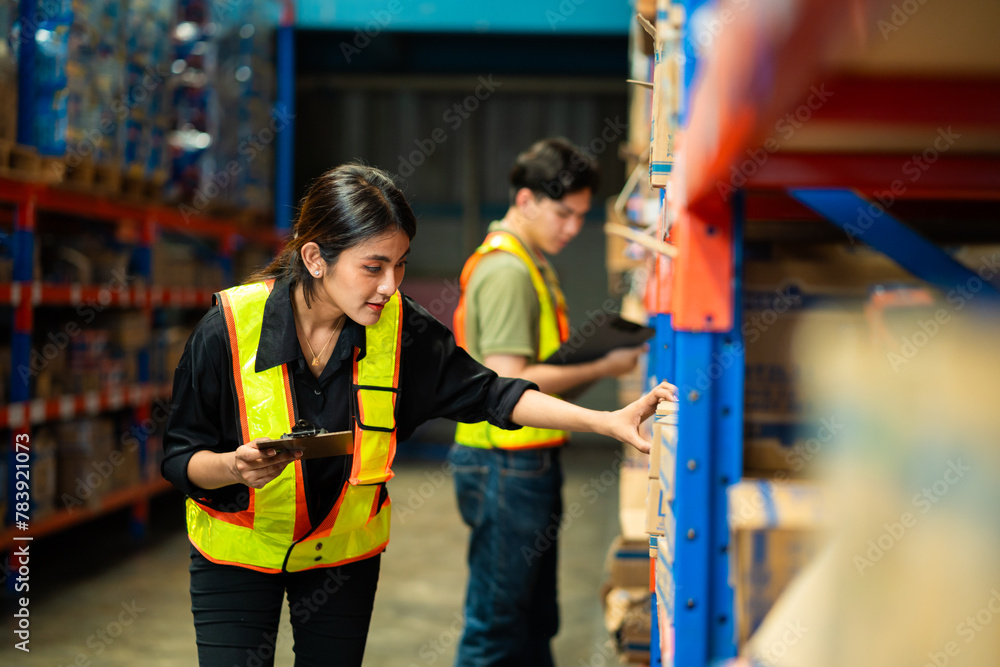 Two workers in a warehouse, one of them is checking a box. The woman is wearing a safety vest and a clipboard Two workers in a warehouse, one of them is checking a box. The woman is wearing a safety vest and a clipboard