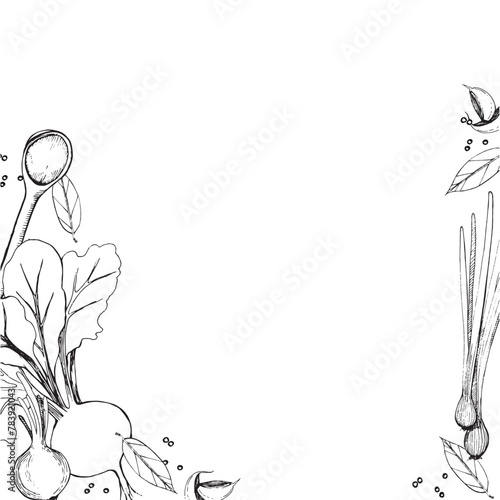 Vector illustration. A frame of vegetables, cloves of garlic, peppercorns, a tablespoon, beets, onions, green onions, all drawn in black in vector. Suitable for textiles, tableware, kitchen, printing.