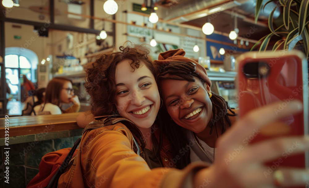 Interracial group of friends taking a selfie in a cafe, pub or restaurant. Friends chatting, joking and enjoying their friendship. Relationships between friends, meeting to hang out, meeting to have f