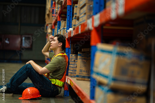 A man in a safety vest is laying on the floor in a warehouse. He is wearing a hard hat and he is in pain