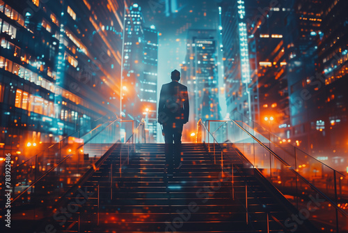 Businessman climbed the stairs, double exposure with buildings at night. Concept of business achievement, goal and leadership
