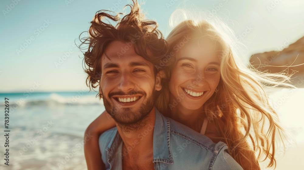 handsome young man hugging his girlfriend and piggyback on tropical beach at sunny day, enjoying summer vacation together