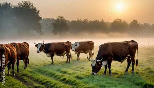 Wallpaper Mural Early morning mist envelopes a herd of cattle in a tranquil pasture, with the rising sun casting a warm glow on the dewy landscape.. AI Generation Torontodigital.ca