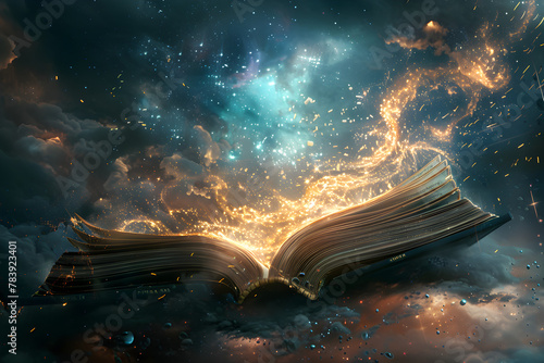 A magical book appears to be destroying the mystical sky with its powerful and mysterious presence.