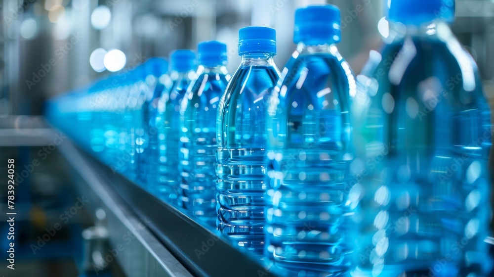 Closeup on mineral water bottles in lines at the factory. Closeup on mineral water bottles in lines at the factory.