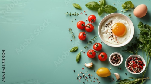 Bowl of Yogurt, Tomatoes, Basil, and Eggs on Blue
