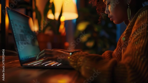 Young Woman Working on Laptop at Night