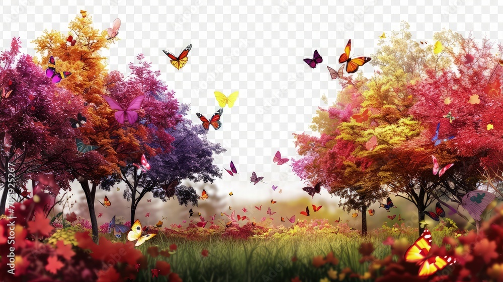A serene forest scene with vibrant, multicolored trees stretching towards the sky, adorned with fluttering butterflies against a pristine white background.