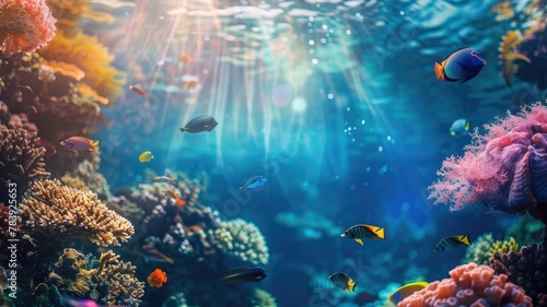 Mystical underwater scene with colorful fish - A mesmerizing underwater scene filled with various fish amongst colorful coral with beams of light