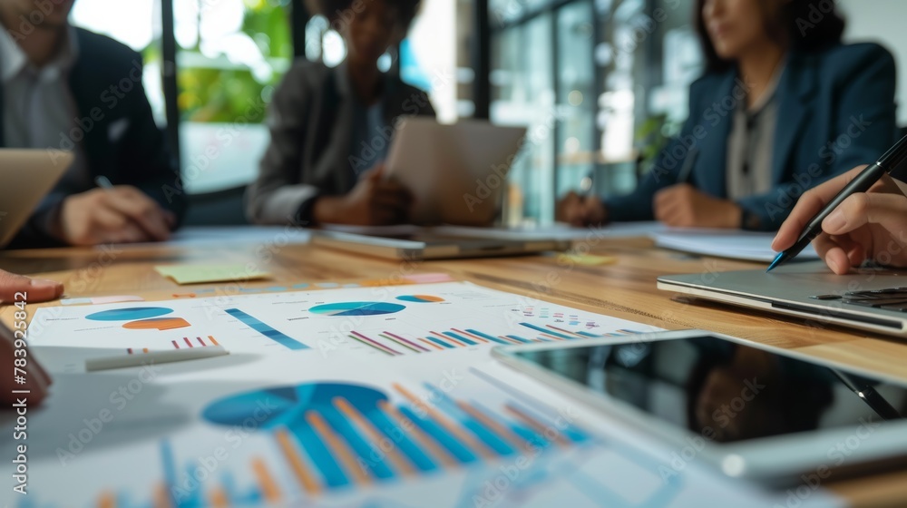 Collaboration, technology and workers with research or financial strategy paper in company. Collaboration, technology and workers with research or financial strategy paper in company.