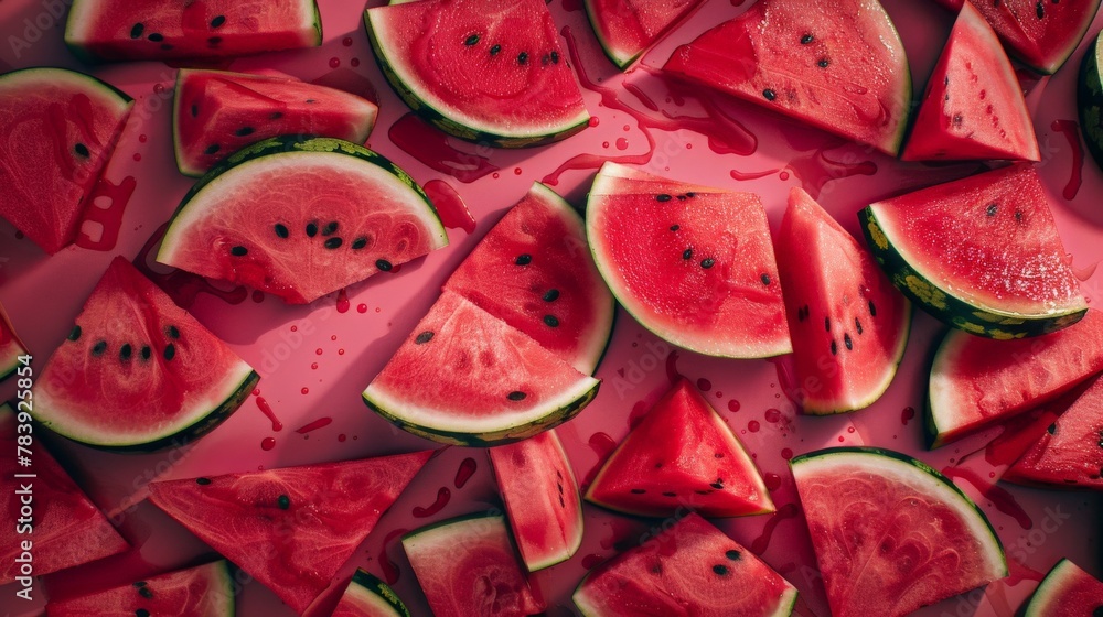Slices of watermelon on pink surface Slices of watermelon on pink surface
